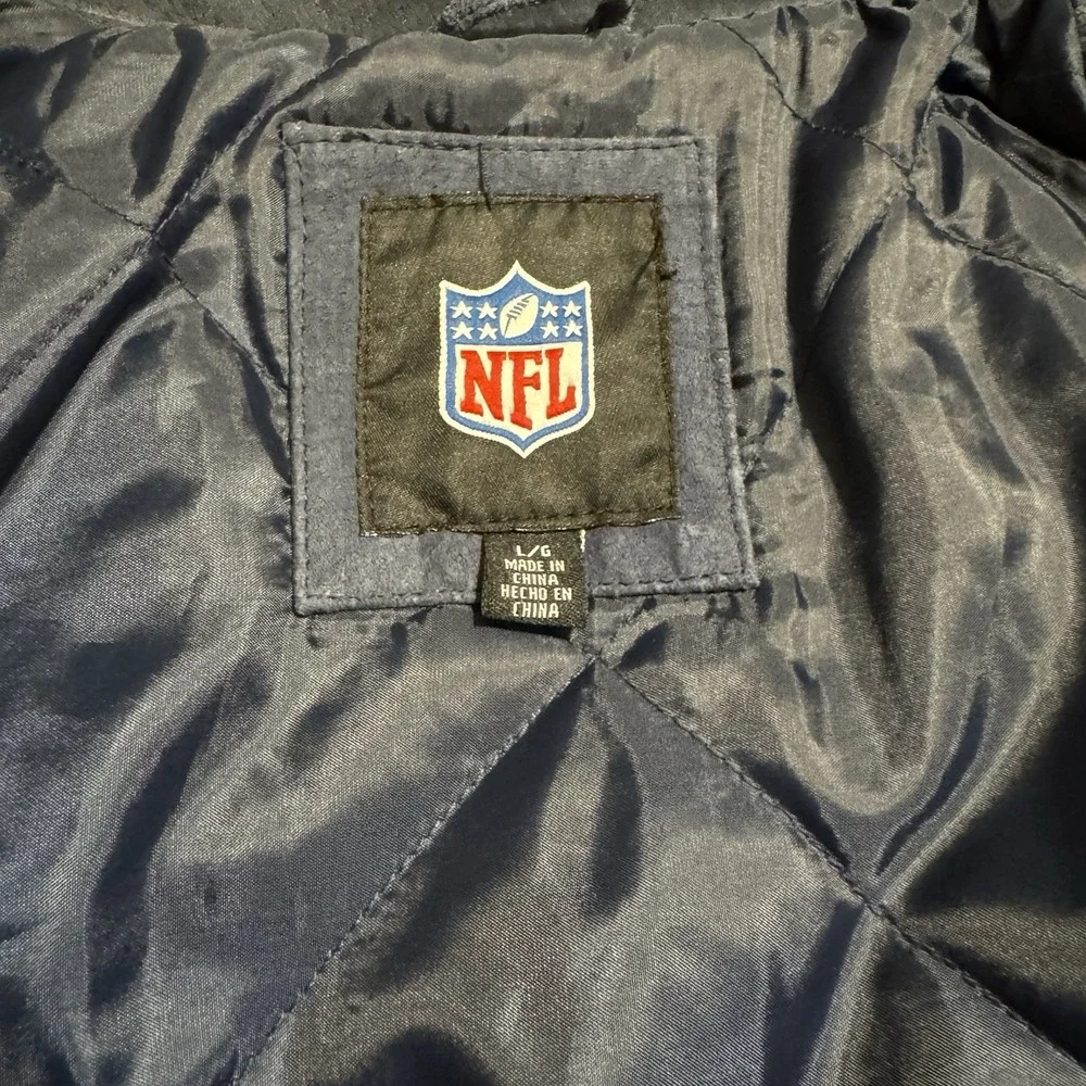 NFL Chicago Bears Mens Sz L Suede Bomber Jacket SUPERBOWL Vtg 90s Patch Blue - Picture 7 of 14